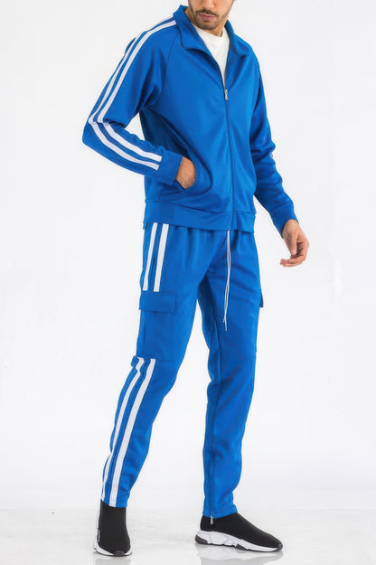 Front full-length view of a model wearing Stylia's casual streetwear two-stripe utility pocket track suit with matching athletic track pants in the US.