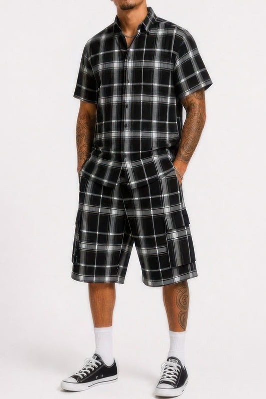 Front full-length view of a model wearing Stylia's men's checkered button-down shirt paired with matching cargo shorts in the US.